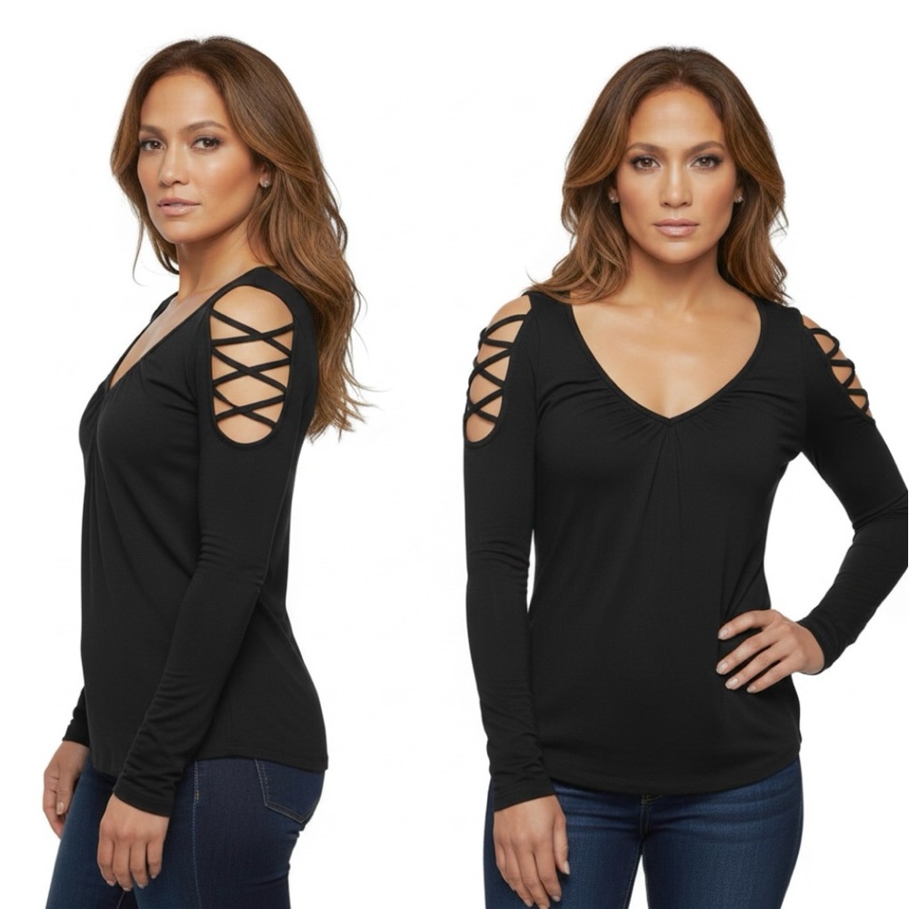 Jennifer Lopez Top Shimmer Black Lattice Cold Shoulder Sleeve S Cocktail Edgy